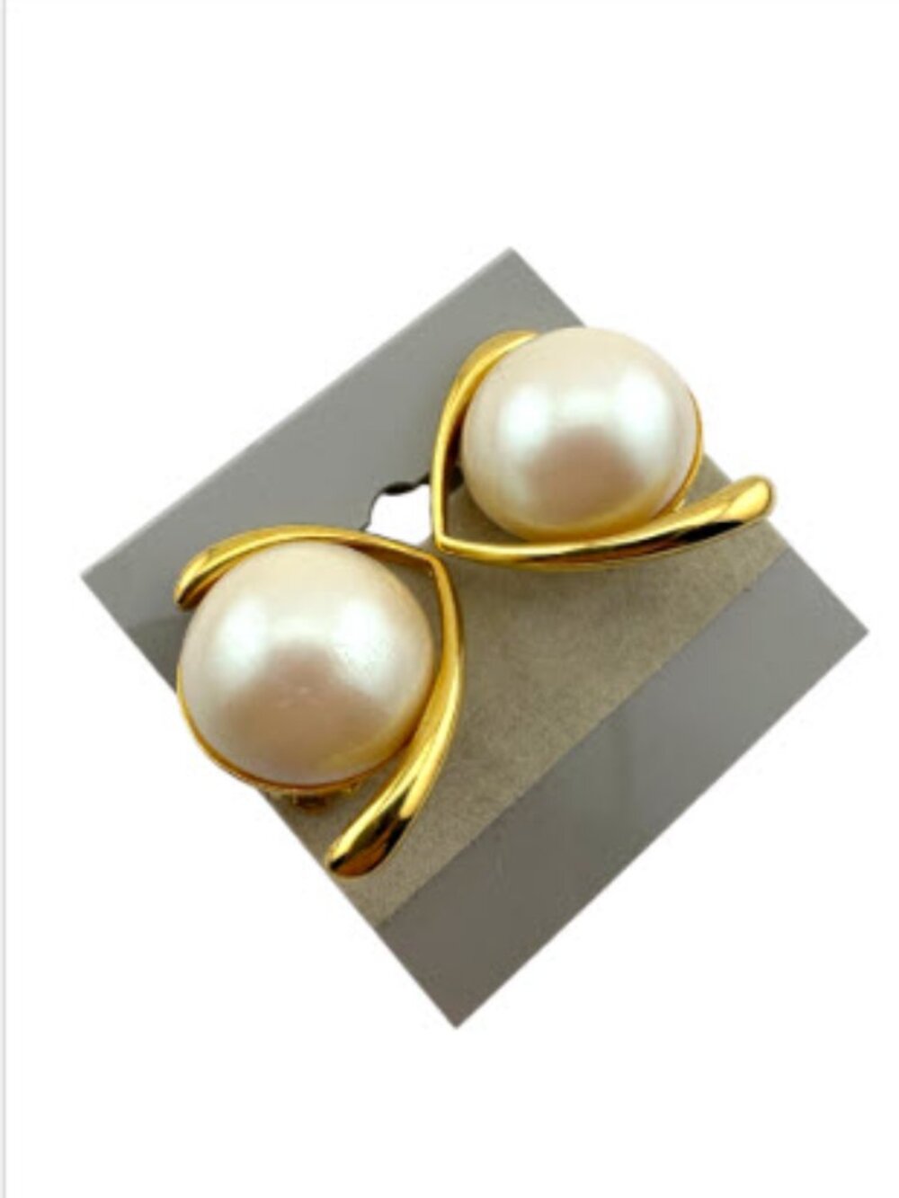 Vintage Richelieu Champagne Pearl Clip Earrings Gold Tone Signed Sculptural